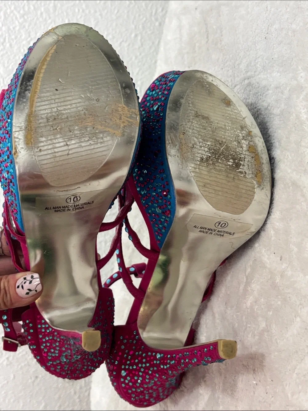 Alba Hot Pink & Blue Rhinestone Platform Heels Size 10 | 6” Stiletto Floral Glam